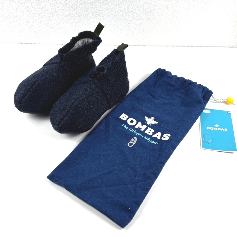 New Bombas Gripper Slipper Youth Size 1-5 Navy Blue Merino Wool Blend Non-Slip